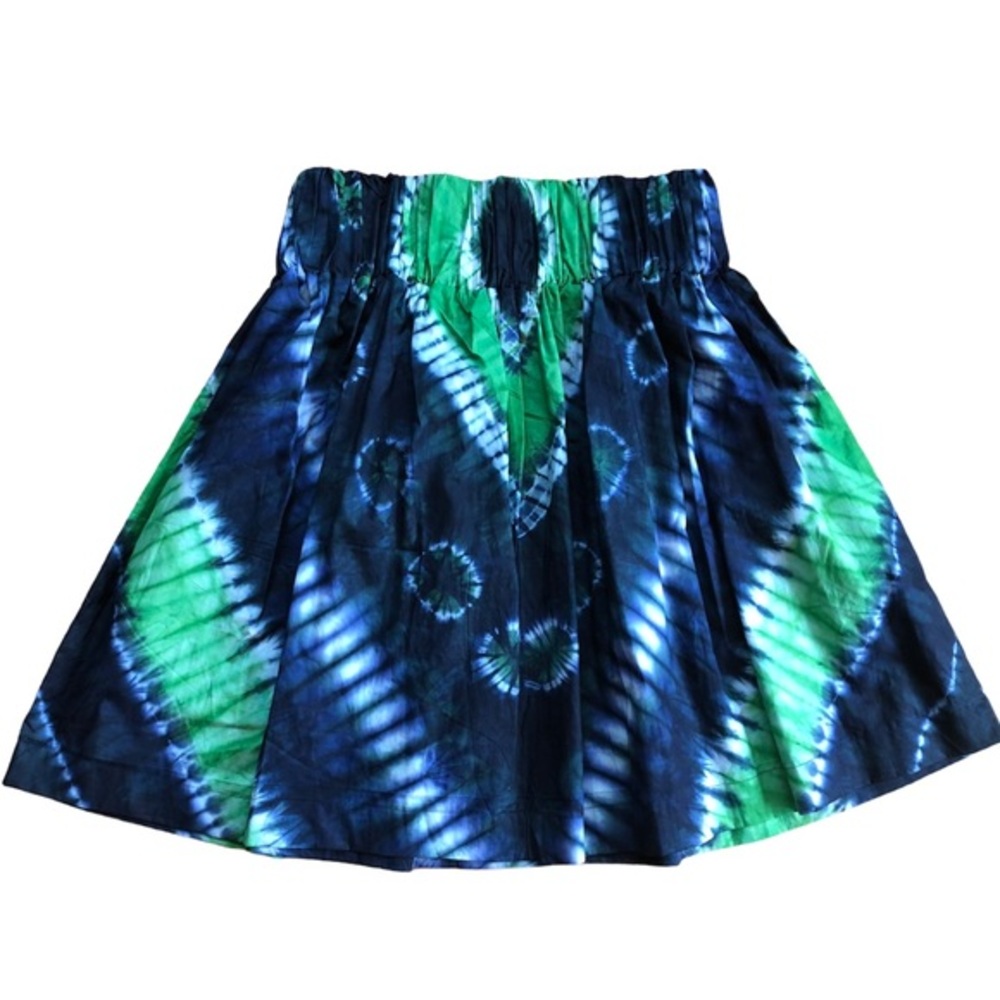African Skirt Size 14W Indigo Green Tie Dyed Cotton Elastic Gathered High Waist